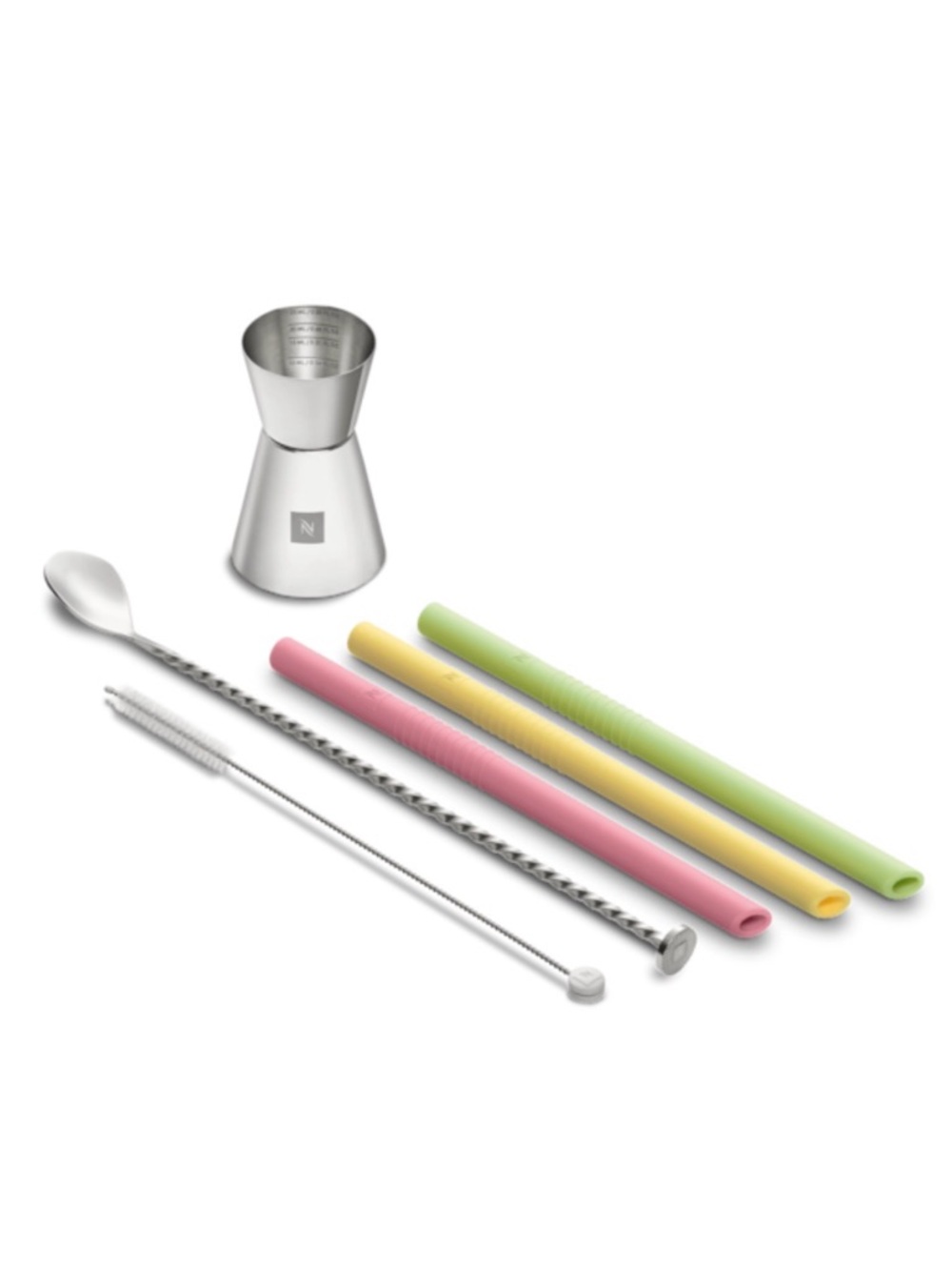 Nespresso Stainless Double Jigger with Pink, Yellow & Green Silicone Straws